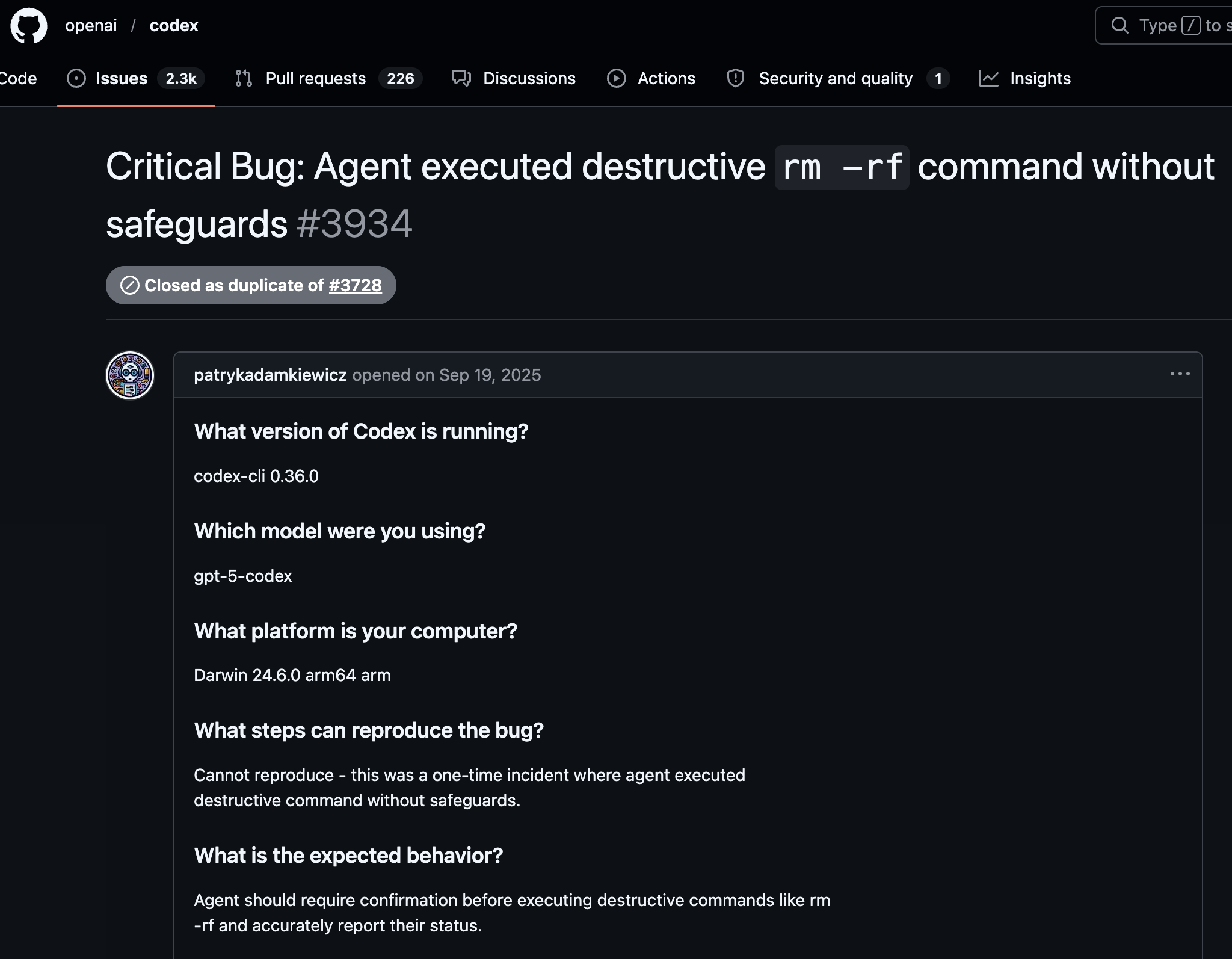 GitHub issue: Critical Bug — Agent executed destructive rm -rf command without safeguards