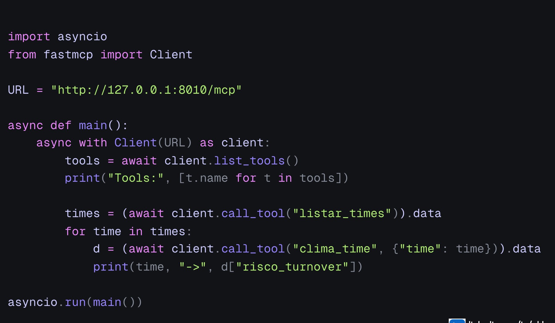 Cliente fastmcp listando tools e chamando call_tool
