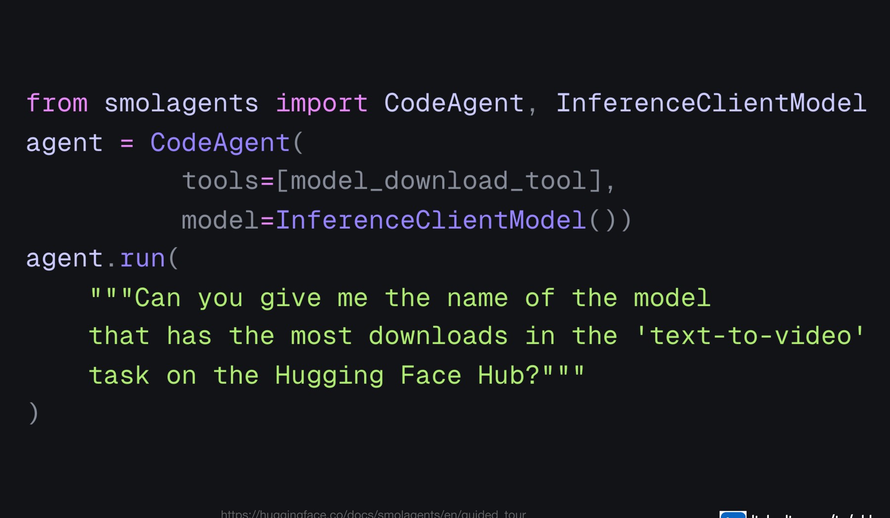 CodeAgent recebendo tools e model, e agent.run com a pergunta
