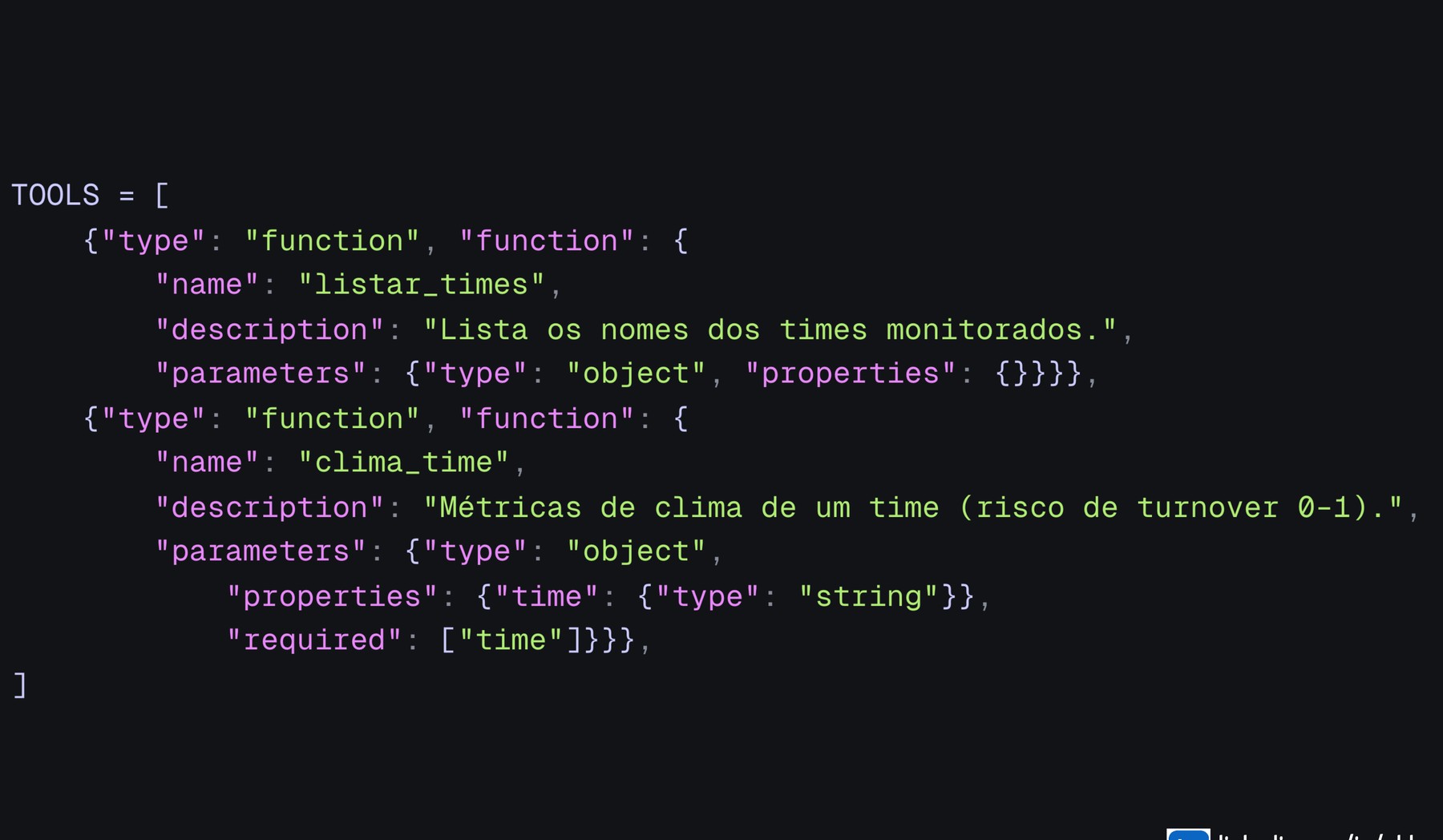 Lista TOOLS no formato de function calling, com name, description e parameters