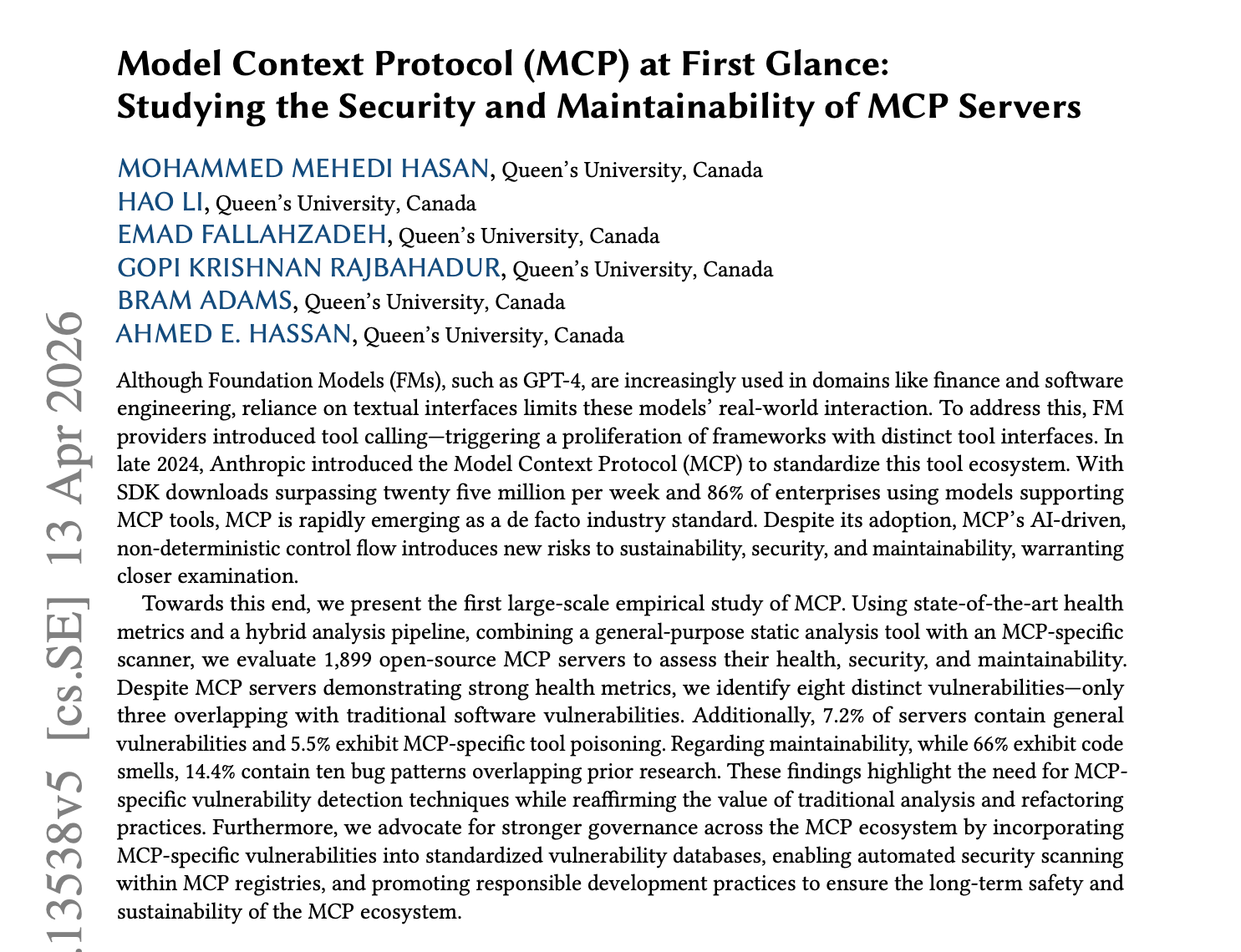 Primeira página do artigo Model Context Protocol (MCP) at First Glance, de Hasan et al.