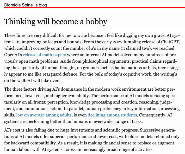 Diomidis Spinellis blog post: Thinking will become a hobby